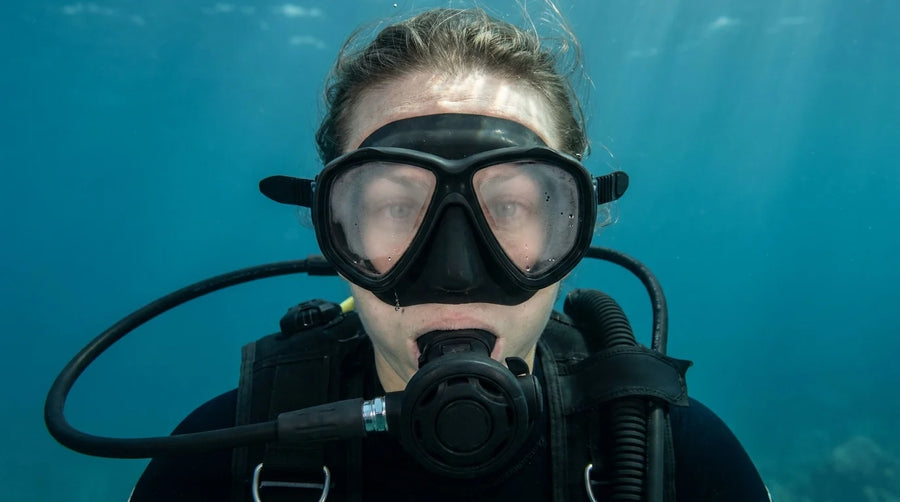Plongeuse sous l'eau, détendeur en bouche : les verres de son masque sont couverts de buée